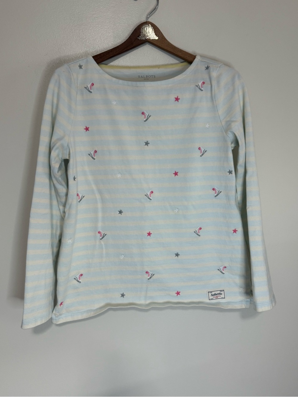 Talbots women's Light Blue & White Striped Long Sleeve Top Embroidered size MP